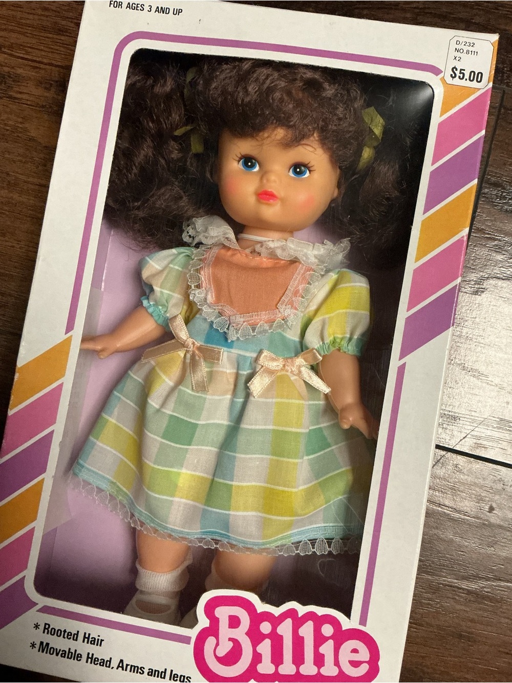 Vintage 70s Billie Doll in Multicolor Dress Movable Head, Arms & Legs New - Picture 2 of 3